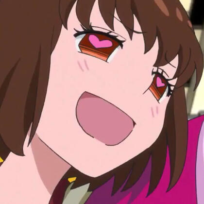 anime girl (ringo penguindrum) grinning and blushing with hearts in her eyes.