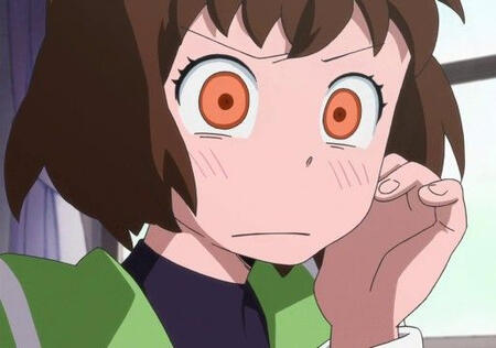 anime girl (ringo penguindrum) blushing and holding her cheek. she's also incredulous in this one too.